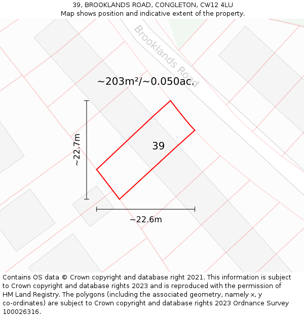 39, BROOKLANDS ROAD, CONGLETON, CW12 4LU: Plot and title map
