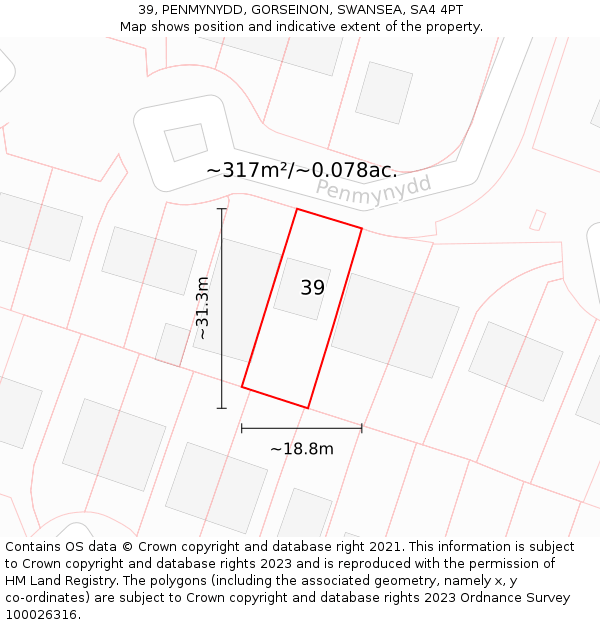 39, PENMYNYDD, GORSEINON, SWANSEA, SA4 4PT: Plot and title map