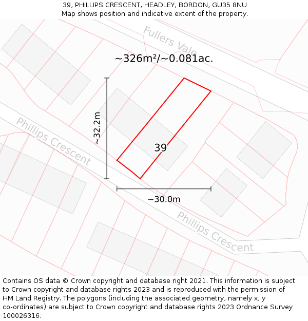 39, PHILLIPS CRESCENT, HEADLEY, BORDON, GU35 8NU: Plot and title map