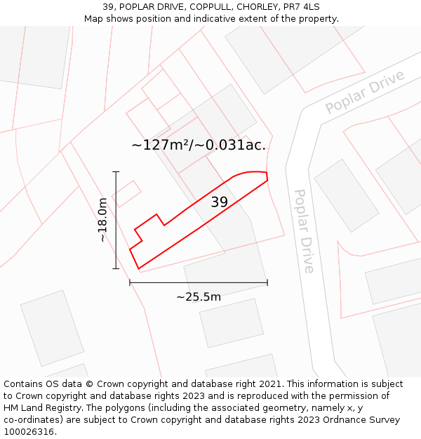 39, POPLAR DRIVE, COPPULL, CHORLEY, PR7 4LS: Plot and title map