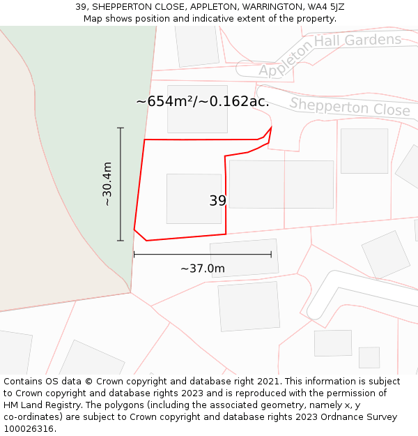 39, SHEPPERTON CLOSE, APPLETON, WARRINGTON, WA4 5JZ: Plot and title map