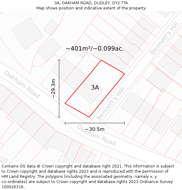 3A, OAKHAM ROAD, DUDLEY, DY2 7TA: Plot and title map