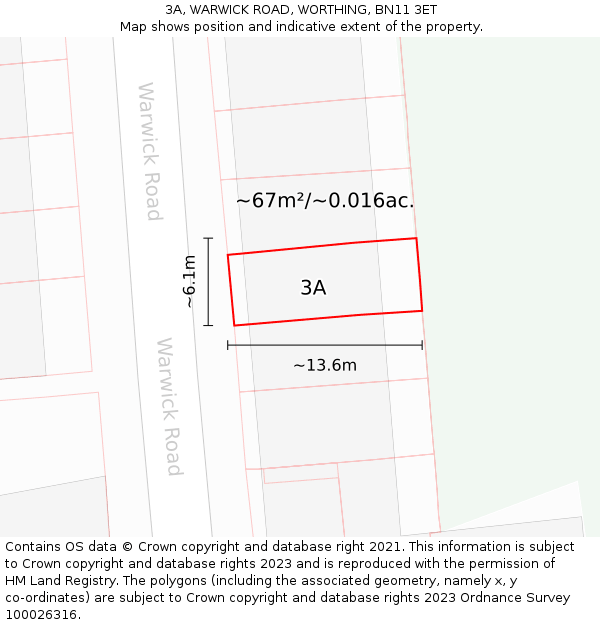 3A, WARWICK ROAD, WORTHING, BN11 3ET: Plot and title map