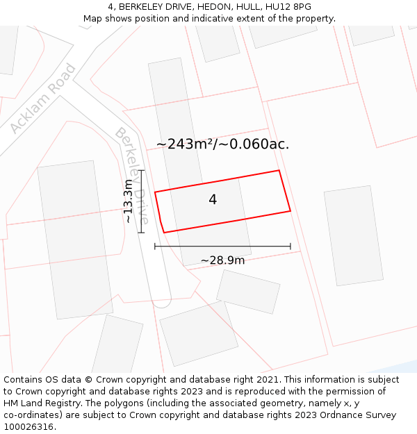 4, BERKELEY DRIVE, HEDON, HULL, HU12 8PG: Plot and title map