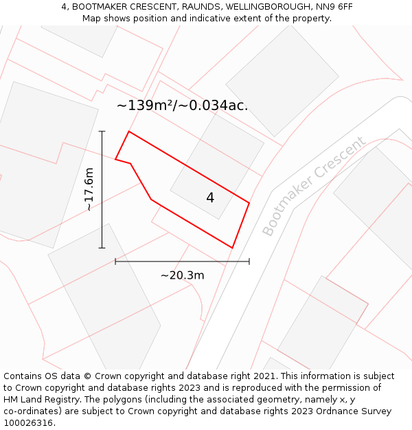 4, BOOTMAKER CRESCENT, RAUNDS, WELLINGBOROUGH, NN9 6FF: Plot and title map