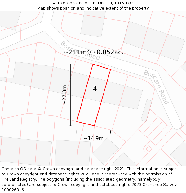 4, BOSCARN ROAD, REDRUTH, TR15 1QB: Plot and title map