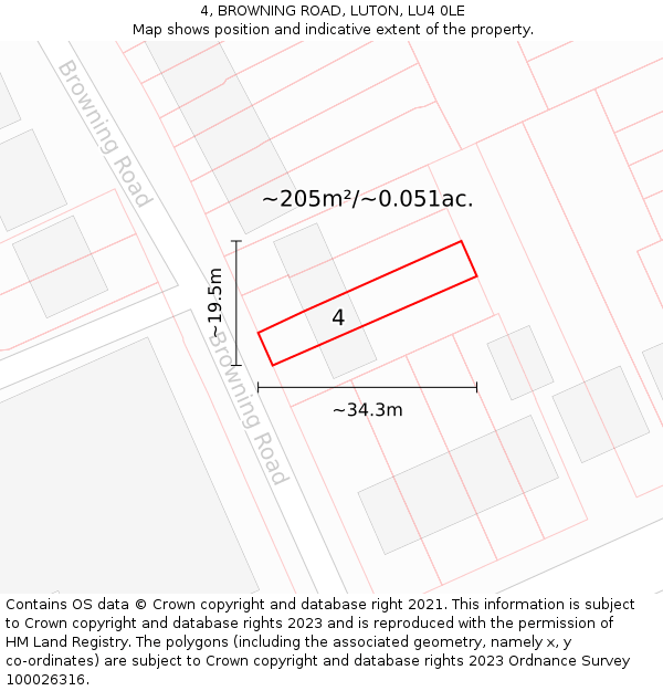 4, BROWNING ROAD, LUTON, LU4 0LE: Plot and title map