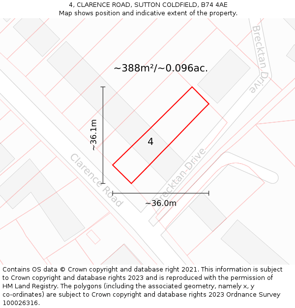 4, CLARENCE ROAD, SUTTON COLDFIELD, B74 4AE: Plot and title map