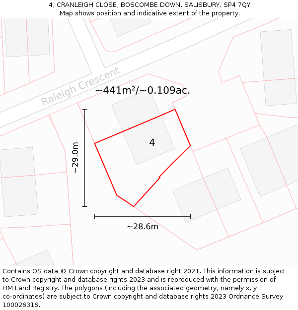 4, CRANLEIGH CLOSE, BOSCOMBE DOWN, SALISBURY, SP4 7QY: Plot and title map