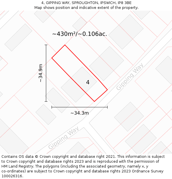 4, GIPPING WAY, SPROUGHTON, IPSWICH, IP8 3BE: Plot and title map
