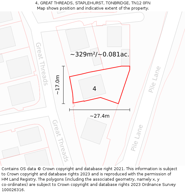 4, GREAT THREADS, STAPLEHURST, TONBRIDGE, TN12 0FN: Plot and title map