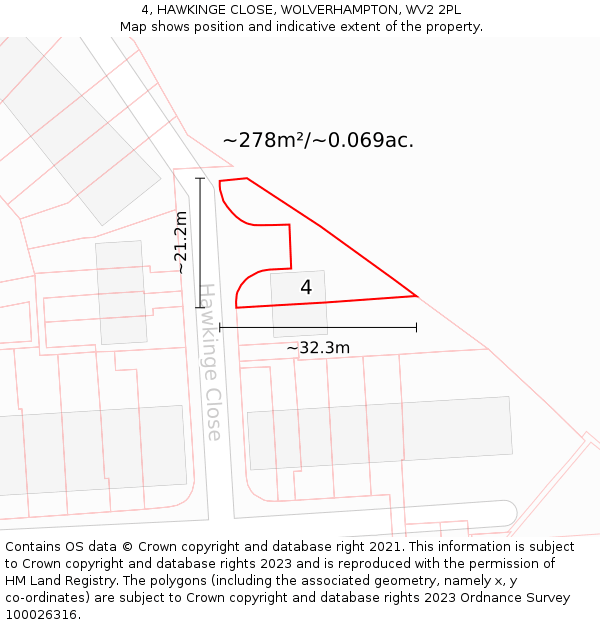 4, HAWKINGE CLOSE, WOLVERHAMPTON, WV2 2PL: Plot and title map