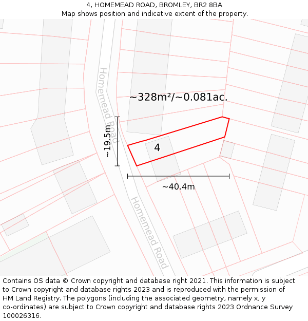 4, HOMEMEAD ROAD, BROMLEY, BR2 8BA: Plot and title map