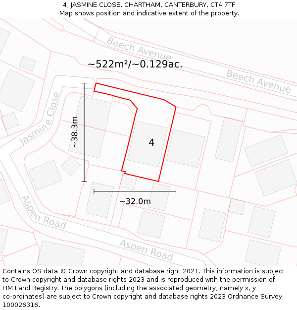 4, JASMINE CLOSE, CHARTHAM, CANTERBURY, CT4 7TF: Plot and title map