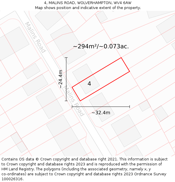 4, MALINS ROAD, WOLVERHAMPTON, WV4 6AW: Plot and title map