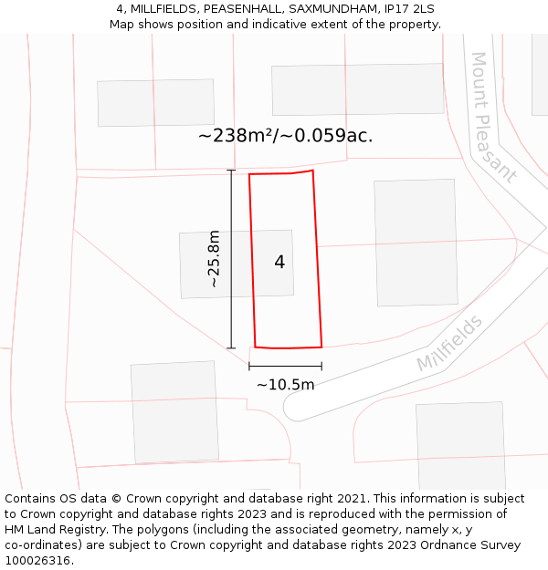 4, MILLFIELDS, PEASENHALL, SAXMUNDHAM, IP17 2LS: Plot and title map