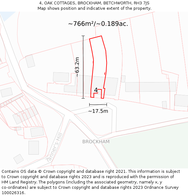 4, OAK COTTAGES, BROCKHAM, BETCHWORTH, RH3 7JS: Plot and title map