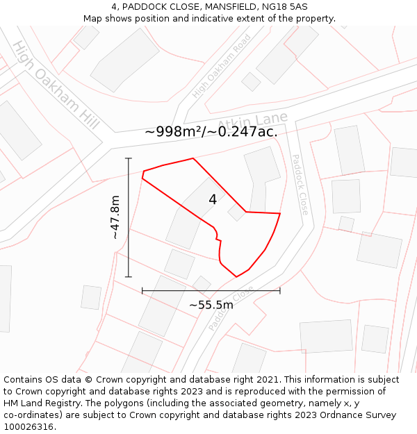 4, PADDOCK CLOSE, MANSFIELD, NG18 5AS: Plot and title map