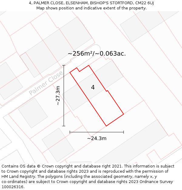 4, PALMER CLOSE, ELSENHAM, BISHOP'S STORTFORD, CM22 6UJ: Plot and title map