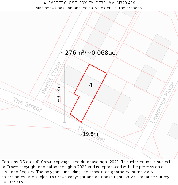 4, PARFITT CLOSE, FOXLEY, DEREHAM, NR20 4FX: Plot and title map