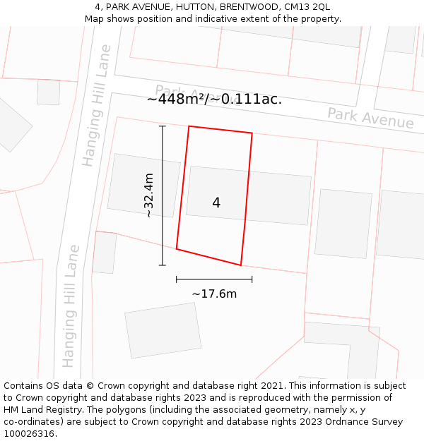 4, PARK AVENUE, HUTTON, BRENTWOOD, CM13 2QL: Plot and title map