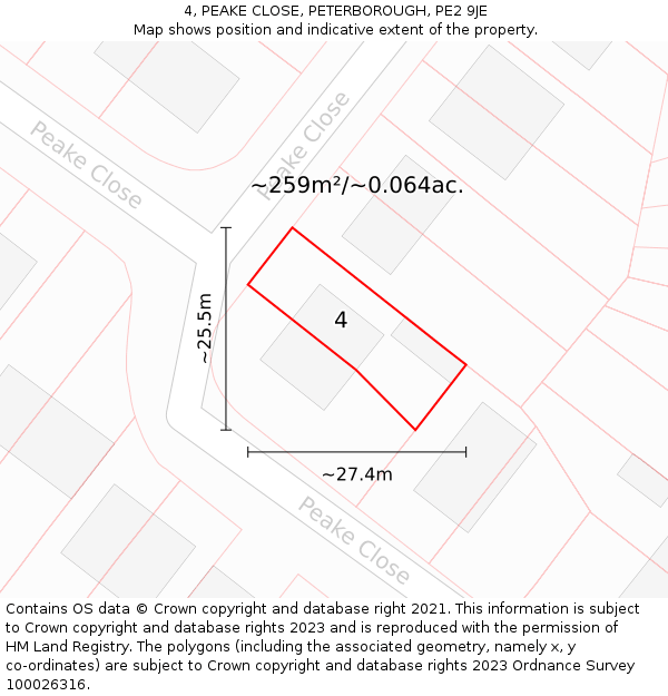 4, PEAKE CLOSE, PETERBOROUGH, PE2 9JE: Plot and title map
