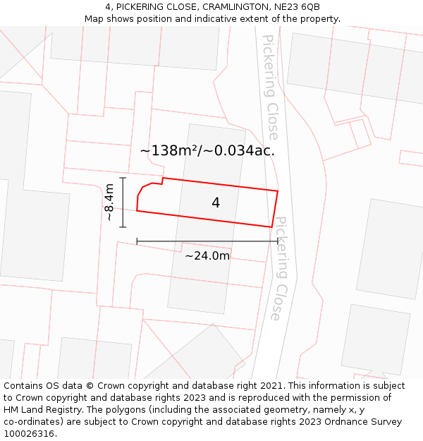 4, PICKERING CLOSE, CRAMLINGTON, NE23 6QB: Plot and title map