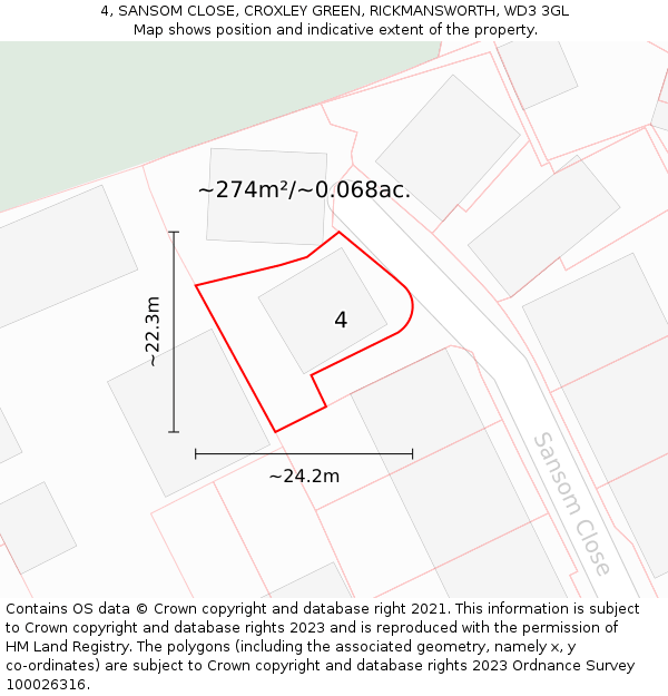 4, SANSOM CLOSE, CROXLEY GREEN, RICKMANSWORTH, WD3 3GL: Plot and title map