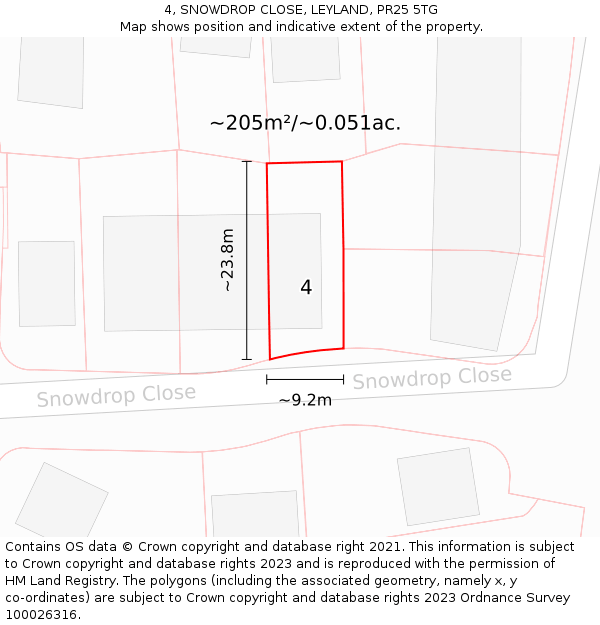 4, SNOWDROP CLOSE, LEYLAND, PR25 5TG: Plot and title map