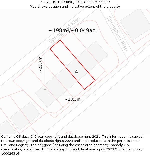 4, SPRINGFIELD RISE, TREHARRIS, CF46 5RD: Plot and title map
