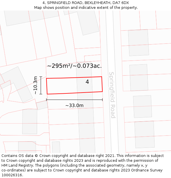 4, SPRINGFIELD ROAD, BEXLEYHEATH, DA7 6DX: Plot and title map