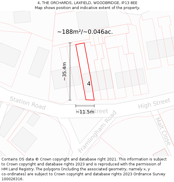 4, THE ORCHARDS, LAXFIELD, WOODBRIDGE, IP13 8EE: Plot and title map