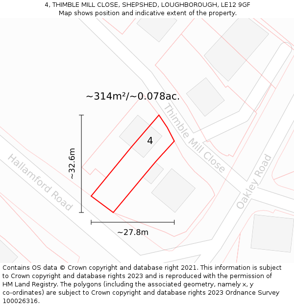 4, THIMBLE MILL CLOSE, SHEPSHED, LOUGHBOROUGH, LE12 9GF: Plot and title map