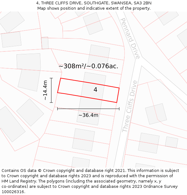 4, THREE CLIFFS DRIVE, SOUTHGATE, SWANSEA, SA3 2BN: Plot and title map