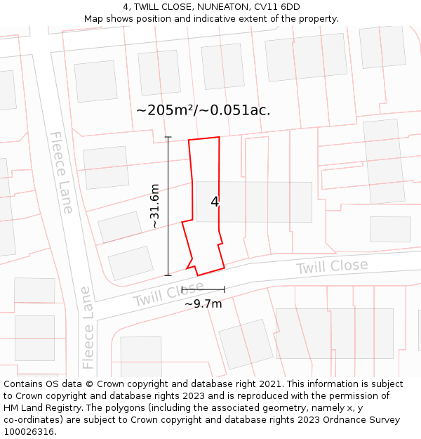 4, TWILL CLOSE, NUNEATON, CV11 6DD: Plot and title map