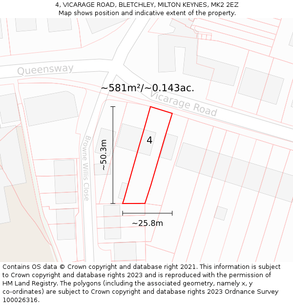 4, VICARAGE ROAD, BLETCHLEY, MILTON KEYNES, MK2 2EZ: Plot and title map