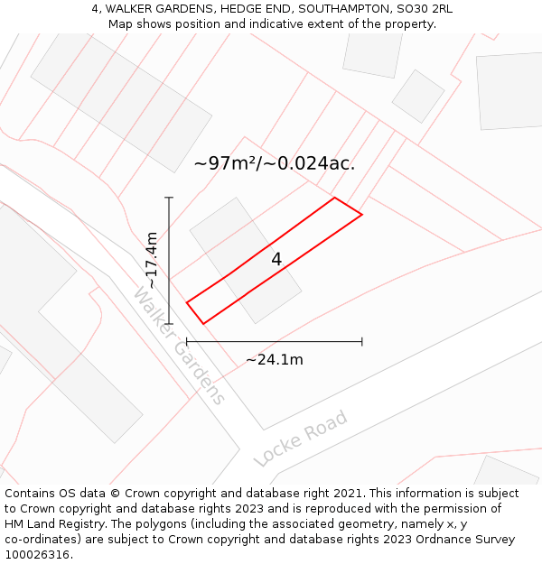 4, WALKER GARDENS, HEDGE END, SOUTHAMPTON, SO30 2RL: Plot and title map