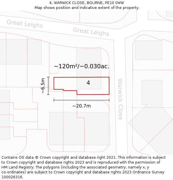 4, WARWICK CLOSE, BOURNE, PE10 0WW: Plot and title map