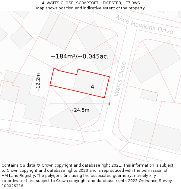 4, WATTS CLOSE, SCRAPTOFT, LEICESTER, LE7 9WS: Plot and title map