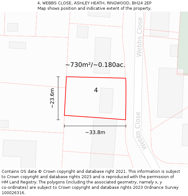 4, WEBBS CLOSE, ASHLEY HEATH, RINGWOOD, BH24 2EP: Plot and title map
