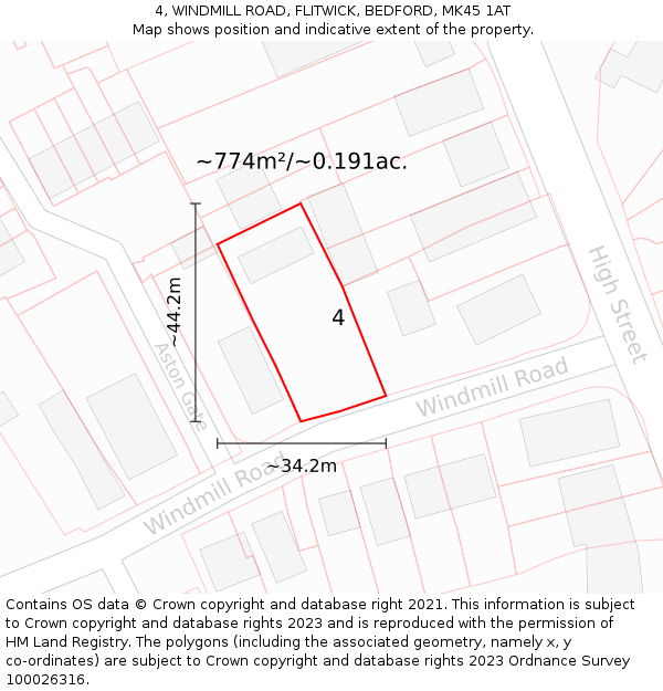 4, WINDMILL ROAD, FLITWICK, BEDFORD, MK45 1AT: Plot and title map