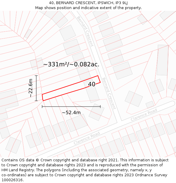 40, BERNARD CRESCENT, IPSWICH, IP3 9LJ: Plot and title map