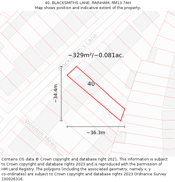 40, BLACKSMITHS LANE, RAINHAM, RM13 7AH: Plot and title map