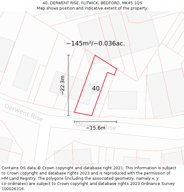 40, DERWENT RISE, FLITWICK, BEDFORD, MK45 1QS: Plot and title map