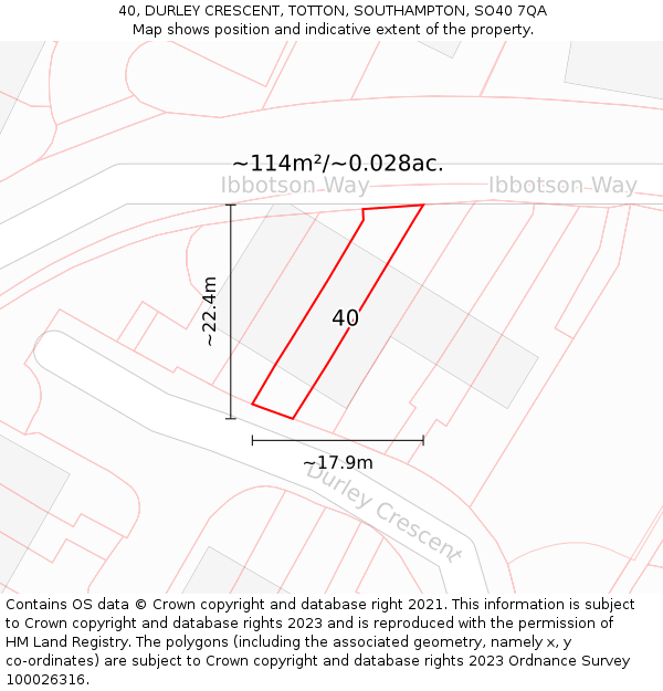40, DURLEY CRESCENT, TOTTON, SOUTHAMPTON, SO40 7QA: Plot and title map
