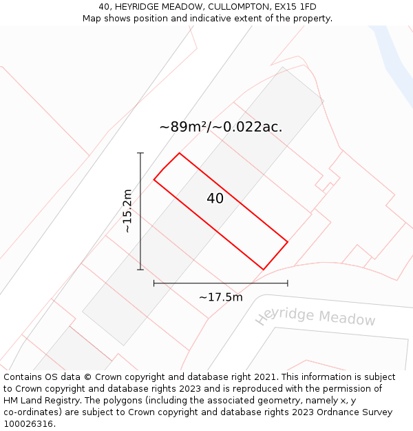 40, HEYRIDGE MEADOW, CULLOMPTON, EX15 1FD: Plot and title map