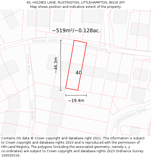 40, HOLMES LANE, RUSTINGTON, LITTLEHAMPTON, BN16 2PY: Plot and title map