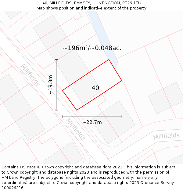 40, MILLFIELDS, RAMSEY, HUNTINGDON, PE26 1EU: Plot and title map