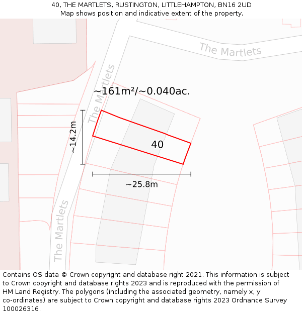 40, THE MARTLETS, RUSTINGTON, LITTLEHAMPTON, BN16 2UD: Plot and title map