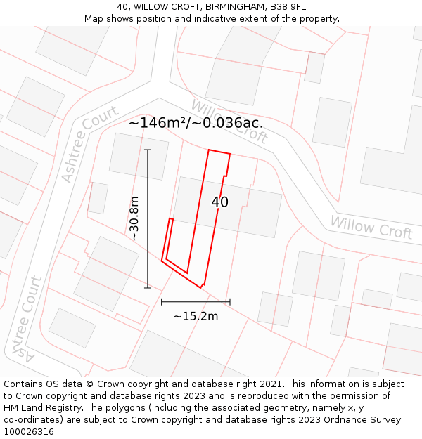 40, WILLOW CROFT, BIRMINGHAM, B38 9FL: Plot and title map